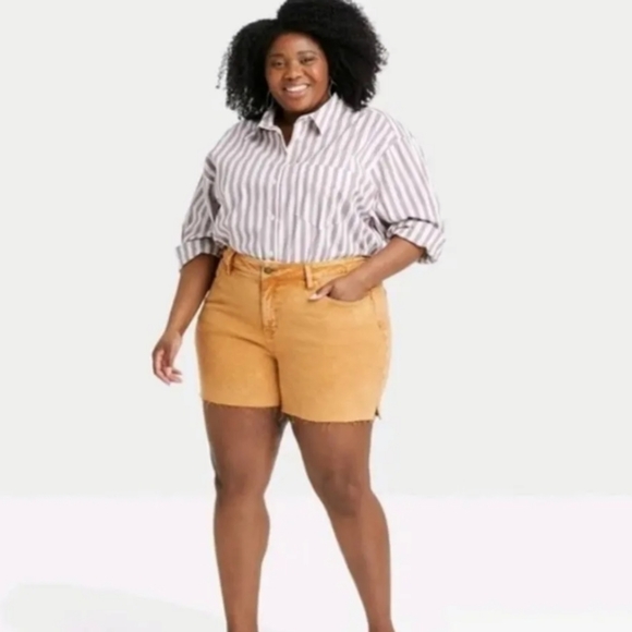 Ava & Viv Pants - Ava & Viv Rusty Mustard Yellow-Gold High Rise Raw Hem Denim Shorts, 24W